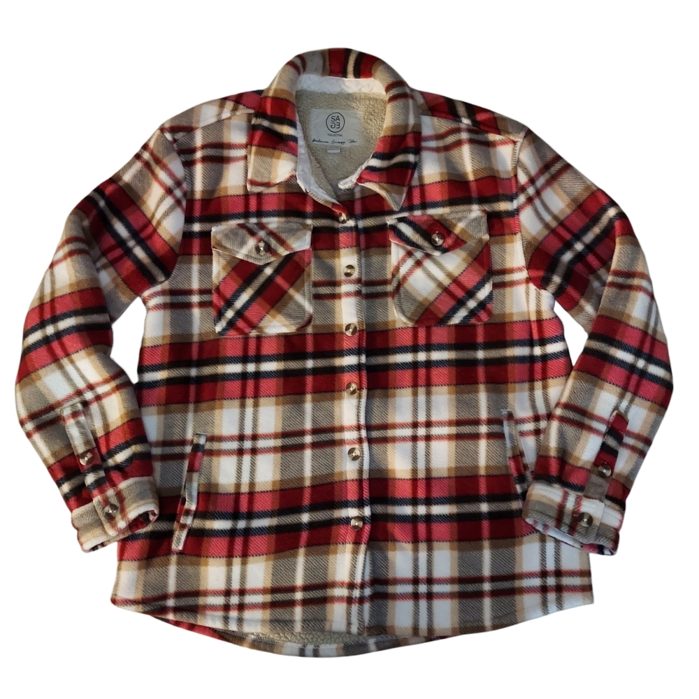Plaid Teddy Jacket in Red and Cream